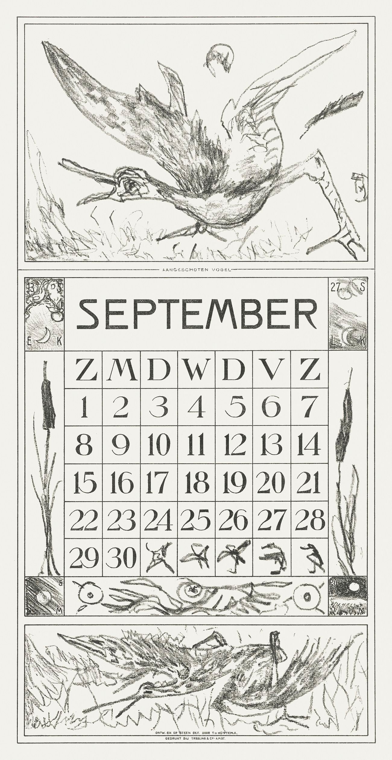 Kalenderblad september met aangeschoten vogel